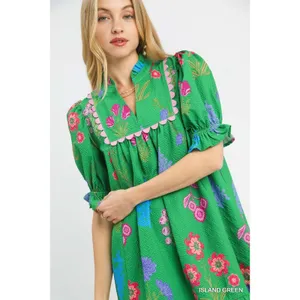 Umgee Multi Flower Print V-Neck Dress - Island Green - Medium thumbnail 4