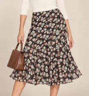 Lauren Ralph Lauren Floral Chiffon Midi Skirt M Black Rose Flared Romantic thumbnail 1