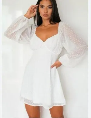 Missguided NEW White Milkmaid Woven Dotty Skater Mini Dress Size 14 thumbnail 1