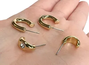 Shiny Gold Tone Huggie Hoops Rhinestone Pierced Earrings Set thumbnail 4