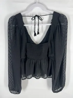 Anthropologie Black Sheer Peplum Blouse Size L Swiss Dot Long Sleeve thumbnail 10