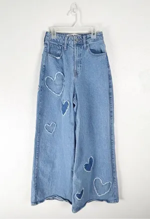 SOCIAL TOURIST Blue Ultra High Rise Baggy Hearts Patches Wide Leg Jeans 26 Boho thumbnail 1