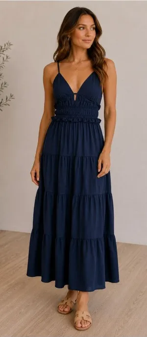 En Saison Dress Womens XS Blue Ruffle Tiered V Neck Strappy Midi Sundress thumbnail 1