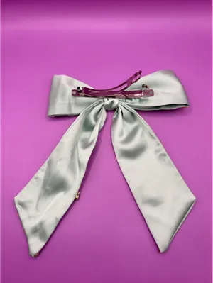 Silver Satin Bow Barrette Hair Clip with Rhinestone Accents, Embellished thumbnail 2