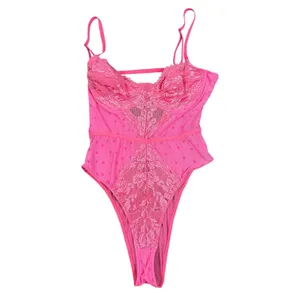 Pink Lace Teddy Bodysuit Womens Large Heart Print Sheer Mesh Underwire Lingerie thumbnail 6