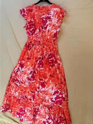 V-Neck Floral Maxi/midi Dress in Orange & Red, ruffled hem, size medium NWOT thumbnail 6