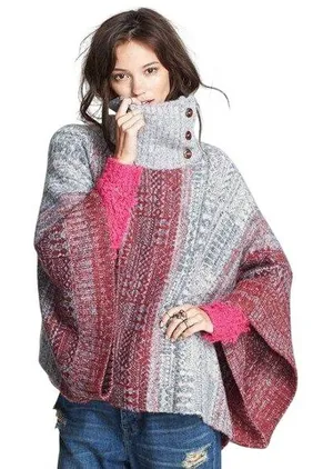 Free People Willow Poncho‎ Womens S Red Gray Knit Turtleneck Oversized Cozy Boho thumbnail 1