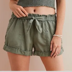 Aerie High Waist Pull On Elastic Waist Shorts Army Green Front Tie Detail‎ thumbnail 1