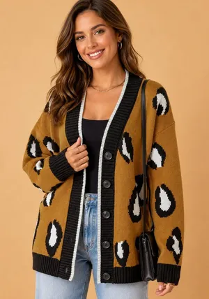 Leopard Print Oversized Button Front Cardigan Sweater Tan Black NWT Size M thumbnail 1