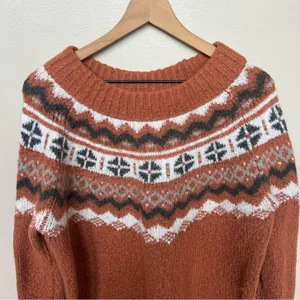 Aerie Fair Isle Knit Sweater Rust Orange Neutral Ivory Earth Cottagecore Large thumbnail 5