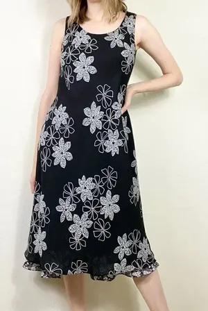 Vintage 90’s Studio I Black & White Floral Sleeveless Layered Midi Dress Size 8 thumbnail 1