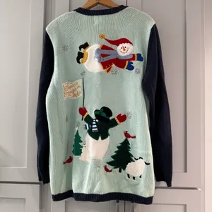 Quacker Factory Snowman Winter Cardigan Sweater‎ Appliqué Beads Colorful Large thumbnail 2