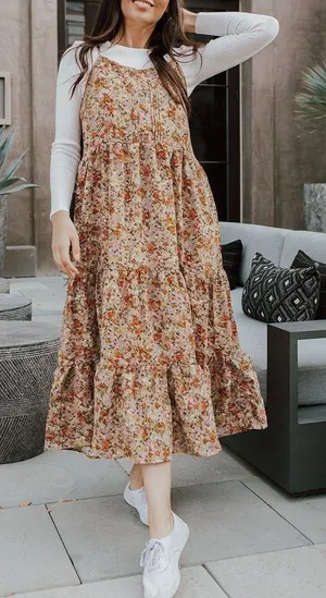 By The River Tiered Midi Dress L Multi Green Ditsy Floral Strappy Cottage Boho thumbnail 1