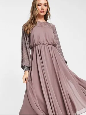 NEW ASOS DESIGN midi dress with linear yoke embellishment in mauve US 4 thumbnail 7