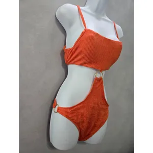 Orange One Piece Sexy Resort Beach Vacation 90s Textured Swimsuit Sexy Large thumbnail 3