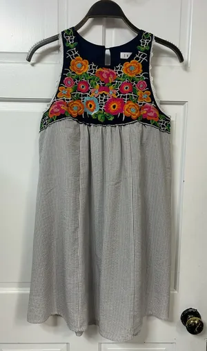 THML Navy Bodice Floral Embroidered Mini Dress with Striped Skirt thumbnail 1