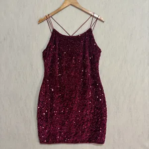 Sequin Velvet Mini Dress Burgundy Bodycon Strappy Party Hoco Glam Formal NYE XL thumbnail 5