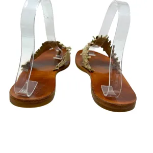 Henry Cuir‎ Slide Sandals Leather Woven Rattan Beaded Tan Brown Size 38 US 8 thumbnail 6