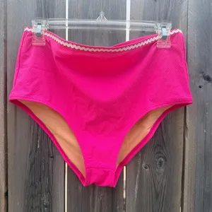 J.Crew NEW Pink Textured High Waisted Bikini Bottoms with Rickrack Trim Sz M thumbnail 2