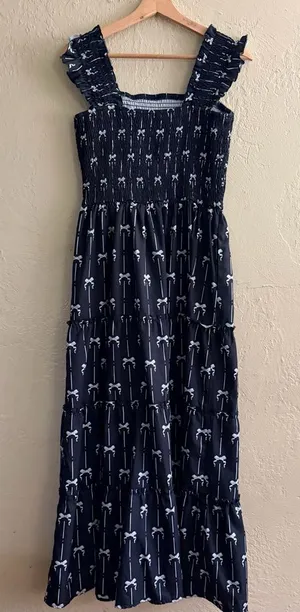Ecowish Wish Black and White Smocked Dress with Bow Accent thumbnail 1