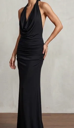 SHEIN Tall Black Cowl Neck Halter Maxi Dress Ruched Size Large thumbnail 1