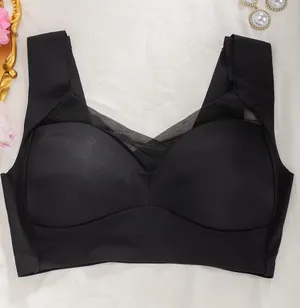 Seamless Black Wireless Bra with Sheer Mesh Accent thumbnail 1