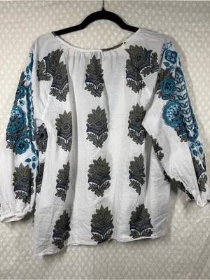 Talbots White Blue Green Floral Eyelet Cotton V Neck Top thumbnail 6