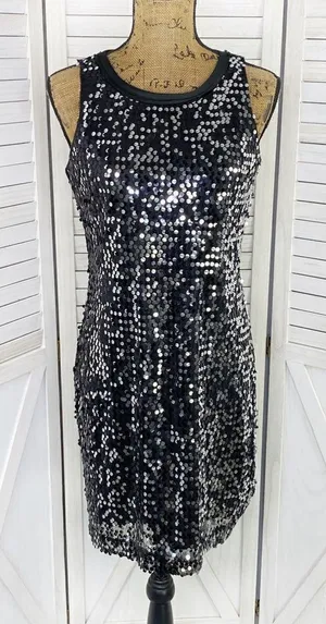 Banana Republic‎ Sequin Sleeveless Shift Party Cocktail Dress Silver Black 2 thumbnail 1