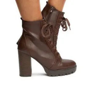 Soda Balboa booties lug bottom chunky heel PU brown size 8 thumbnail 5