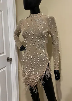Rhinestones mini dress long sleeve pearl dress mock neck dress fringe feathers dress Sequin Dress thumbnail 1