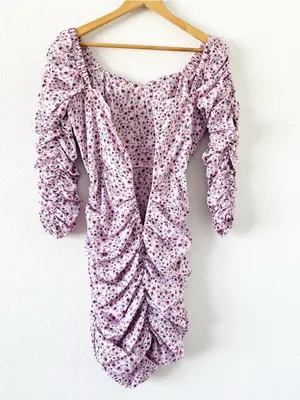 NICHOLAS Floral Ruched Mini Dress Size 4 Pink Purple Puff Sleeve Sweetheart thumbnail 10