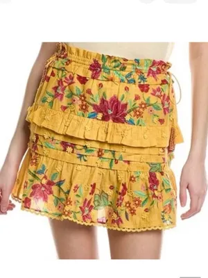 FARM Rio Yellow Floral Tiered Mini Dream‎ Skirt Small Boho Ruffle Eyelet Small thumbnail 3