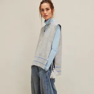 Free People‎ All Star Stripe Poncho Vest Gray Blue V-Neck Side Tie Tassels OS thumbnail 3