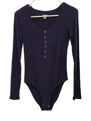 Aerie Navy Blue Knit Rib Long Sleeve Snap Front Classic Henley Bodysuit Medium thumbnail 1