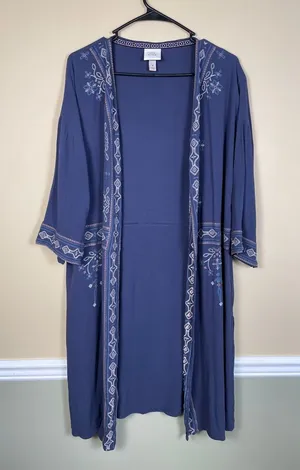 Knox Rose Women’s Boho Embroidered Cross Stitch Blue Kimono Cardigan thumbnail 1