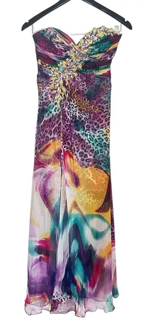Tony Bowls Purple Watercolor Leopard‎ Print Prom Dress Strapless Formal Gown 2 thumbnail 1