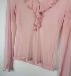 Vtg Y2K Pink Sheer Ruffle Neck Top Sz XS thumbnail 5