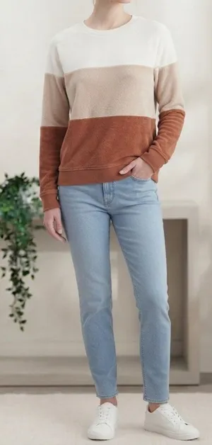Time and Tru Colorblock Sweater Medium M 8-10 Brown Tan Cream Pullover Top thumbnail 1