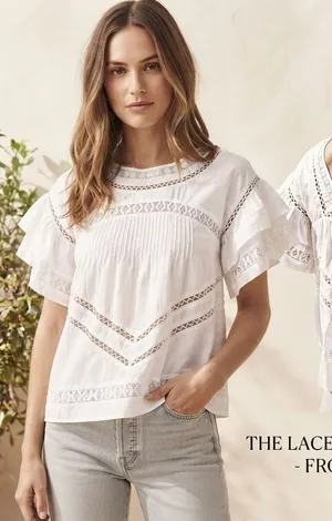 Saylor Blouse Womens Small White Lace Trimmed Ruffle Sleeve Boho Summer Top thumbnail 1