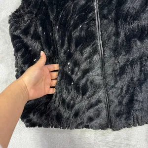Betsey Johnson M Black Faux Fur Metalic Sequin Vest Full Zip Leopard Lined thumbnail 4