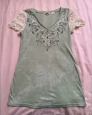 Miss Me Sage Green Top with Cream Lace Sleeves thumbnail 1