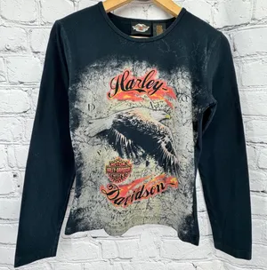 Harley Davidson Top Women's S Black Eagle Long Sleeve Made in USA thumbnail 1
