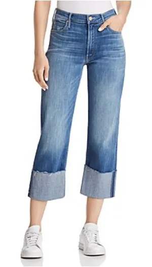 MOTHER Cropped Wide Cuff Jeans – Medium Blue thumbnail 1