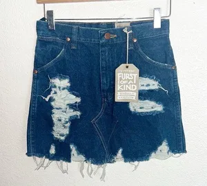 Furst Of A Kind Dark Wash Wrangler Denim Distressed Mini Skirt thumbnail 1