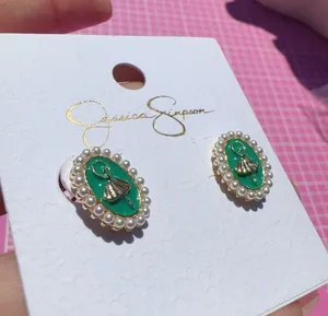 Jessica Simpson Earrings gold tone pearls around green ballerina stubs thumbnail 4