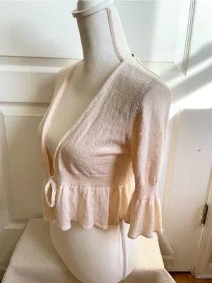 Vintage Y2K Silk Cotton Cropped Bolero Cardigan Sweater Sequins Ruffle M Fairy thumbnail 2