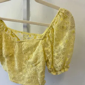 Cider Yellow Floral Lace Puff Sleeve Crop Top Sweetheart Neck Size S Coquette thumbnail 3