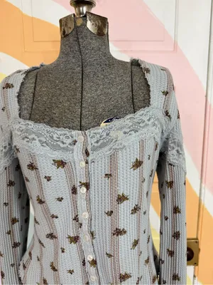 Free People Lets Party Floral Lace Trim Cotton Cardi Boho Cottagecore Sz Med 💛🍄 thumbnail 6