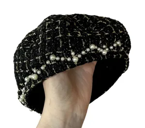Vintage beaded beret black wool blend hat costume boho fair‎ elegant paris thumbnail 1