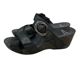 Dansko Tiffani Black‎ Metallic Leather Wedge Sandals Buckle Slide 3420820200 39 thumbnail 3